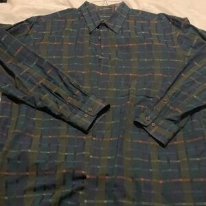 Jhane Barnes Men's Dark Green and Navy Plaid Button-Down Shirt